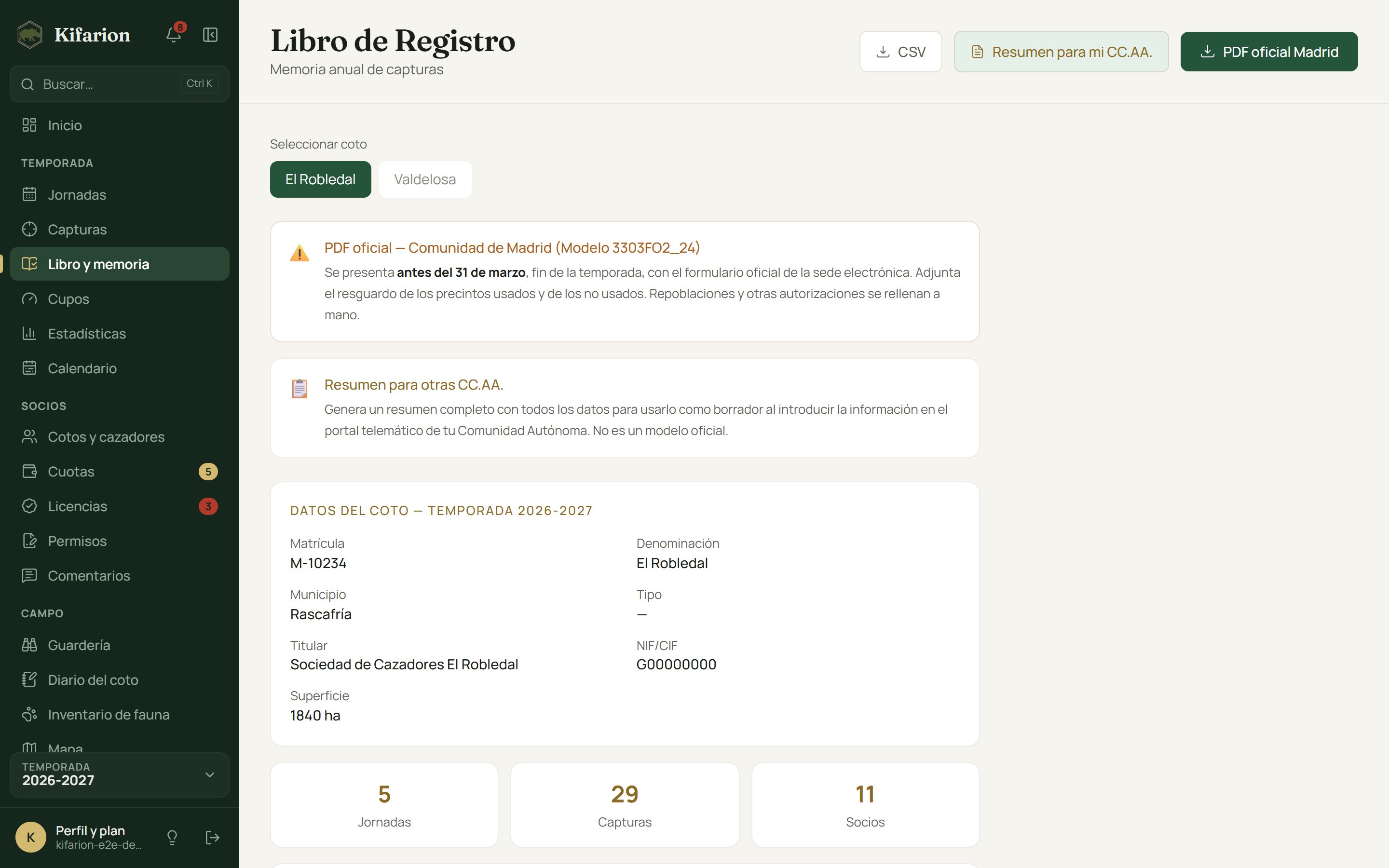 Libro de registro y memoria anual de la temporada en Kifarion
