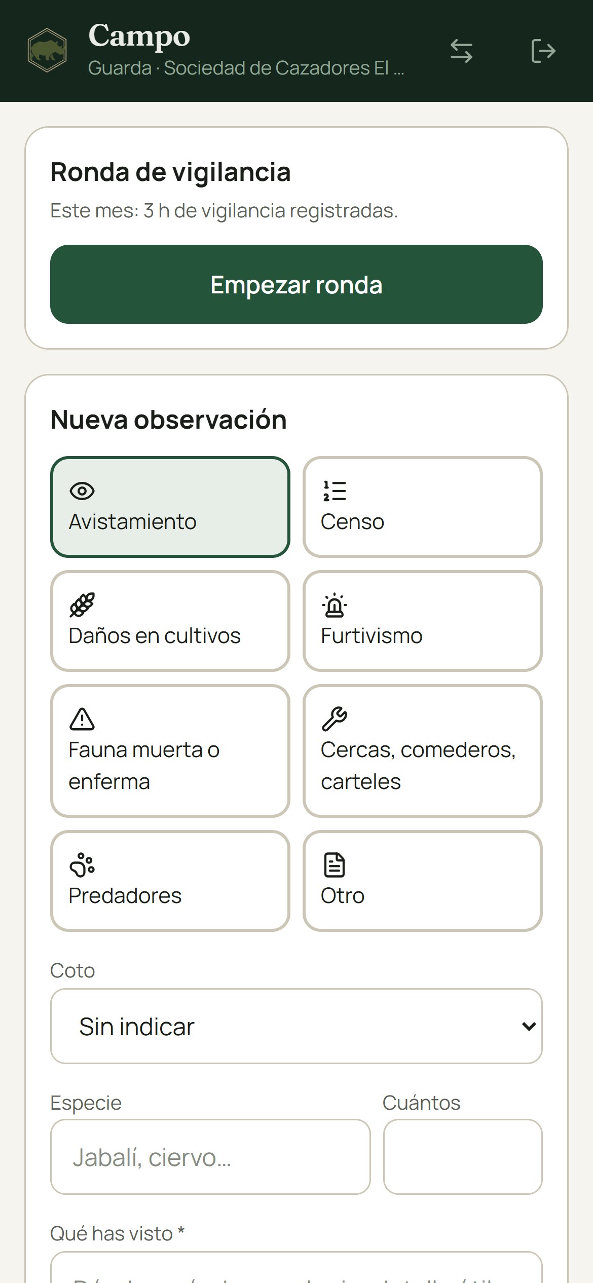 Pantalla del guarda para rondas y observaciones